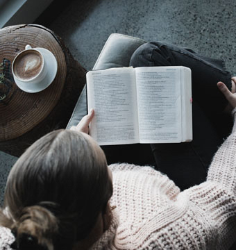 Woman Reading Bible Drinking Coffee